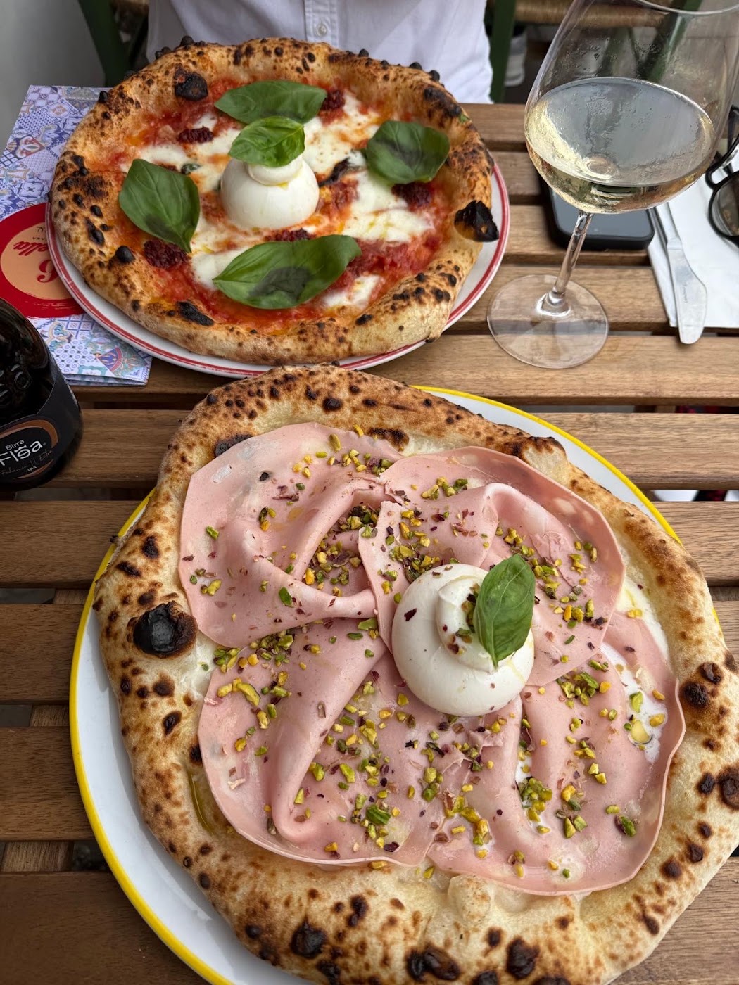 mortadella and pistachio pizza